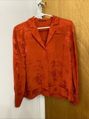 Satin Floral Button-Down Shirt in Rust